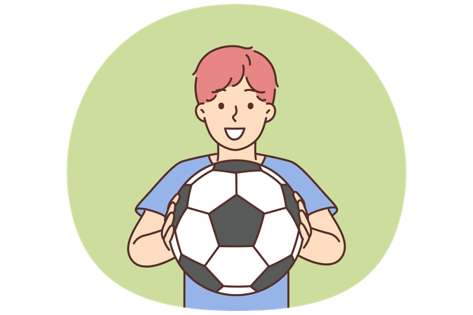 Cheerful boy of school age holding soccer ball and smiling offers to play football  Illustration