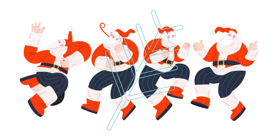 Cheerful Group of Santa Claus dancing in different ways  Illustration