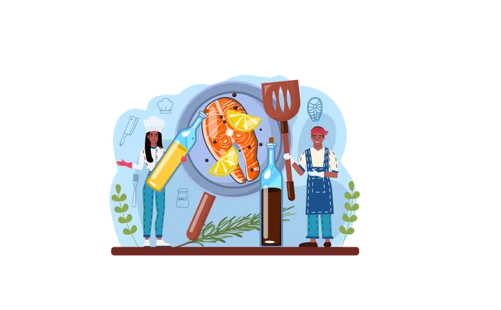 Chef cooking fish streak  Illustration