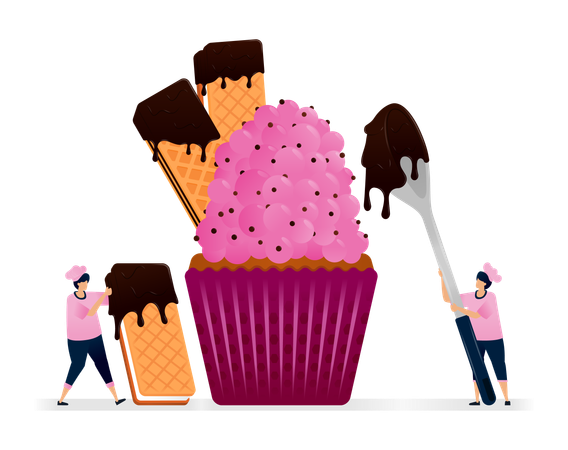Chef making cupcake with icing and drips of melted chocolate and vanilla cream biscuit  sandwich  Illustration
