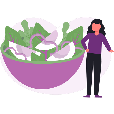 Niña comiendo ensalada a la hora del almuerzo  Ilustración