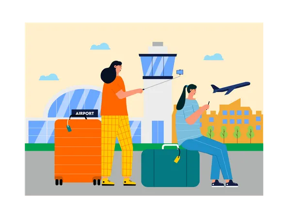 Chicas esperando en el aeropuerto  Ilustración