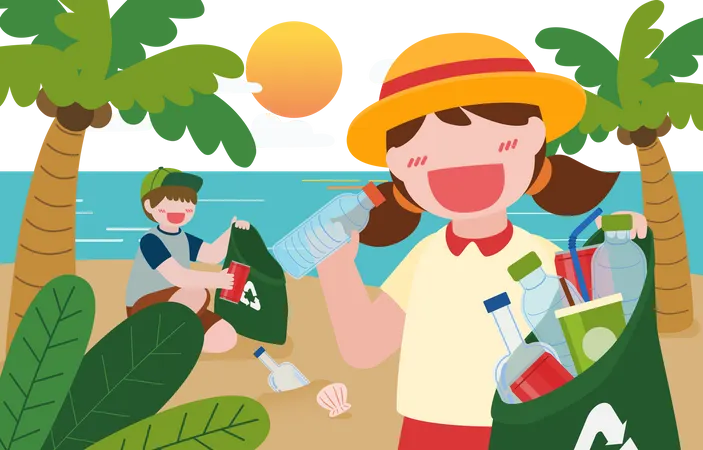 Children collecting waste from beach  Illustration