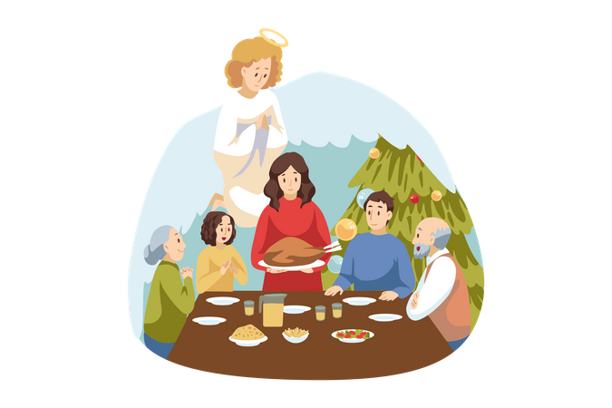Christian family doing prayer before taking dinner  일러스트레이션