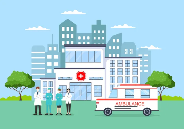 City hospital with medical staff  Illustration