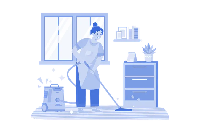 Cleaning Worker Cleaning Floor With The Vacuum Cleaner  Illustration