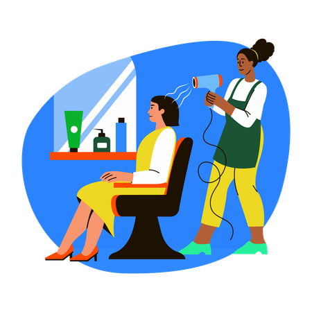 Une coiffeuse sèche les cheveux d'une cliente  Illustration