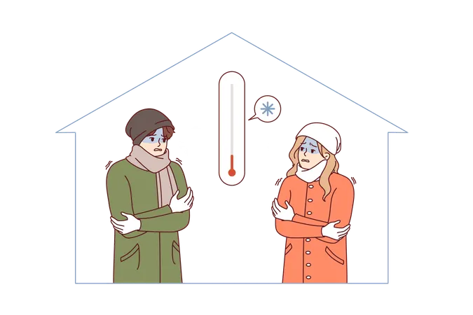 Cold temperature in residential building with shivering couple  Illustration