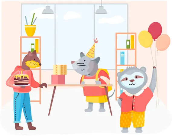 La compagnie des animaux célèbre les vacances avec un gâteau  Illustration