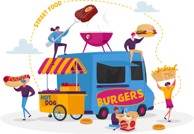 Comprar comida en puestos de comida callejera  Ilustración