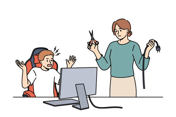 Computersucht nach Videospielen bei einem Jungen, der einen Wutanfall bekam, weil seine Mutter das PC-Kabel durchgeschnitten hatte  Illustration