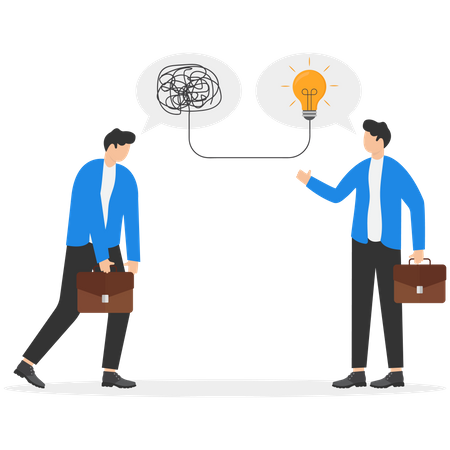 Confused businessman with messy thinking with other giving lightbulb solution  Illustration