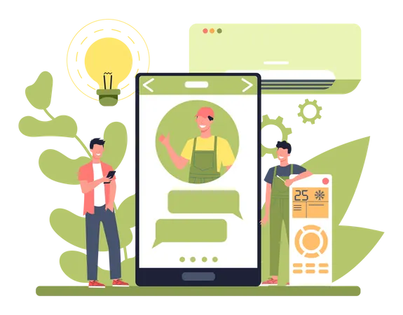 Contacto de personas con técnico de aire acondicionado.  Ilustración
