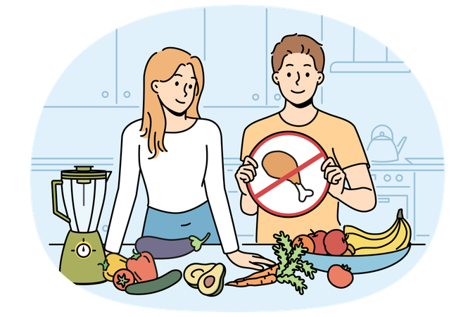 Cooking vegan show with man and woman standing in kitchen with vegetables and without meat  Illustration