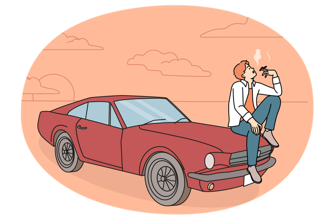 Cool young man sitting on retro car smoking  Illustration