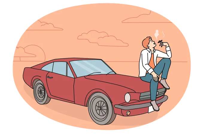 Cool young man sitting on retro car smoking  Illustration
