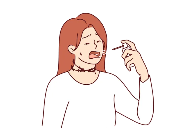 Cough spray is used by woman to cure infection and kill viruses in mouth after contracting flu  Illustration