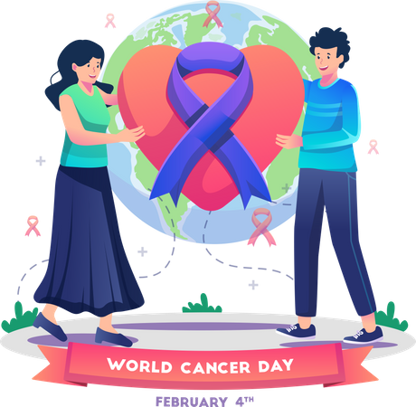 Couple celebrating world cancer day by holding a decorated love  Illustration