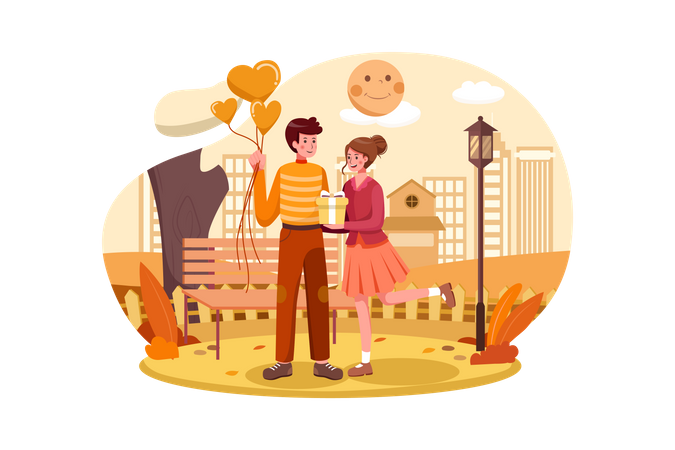 Couple giving presents on Valentines Day in the Park  Illustration