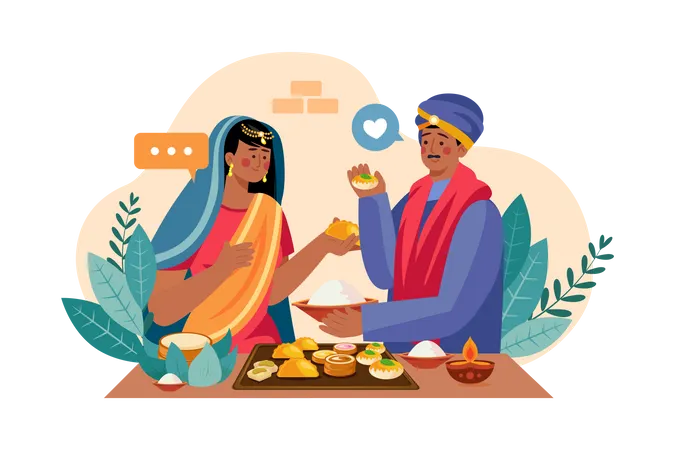 Couple indien dégustant des bonbons de Diwali  Illustration