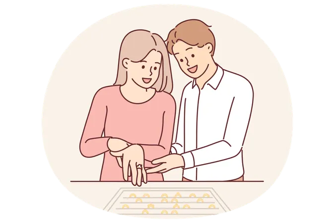 Les jeunes mariés choisissent la bague de fiançailles dans une bijouterie  Illustration