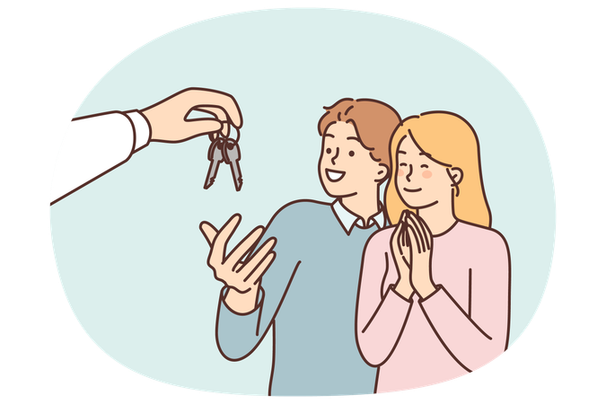 Couple taking keys from hand of realtor who rents out apartment in good area  Illustration