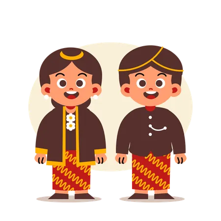 Couple Wear Indonesian Traditional Clothes of Central Java  イラスト