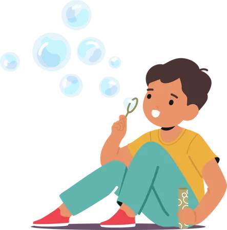 Menino brincando, soprando delicadas bolhas de sabão  Ilustração