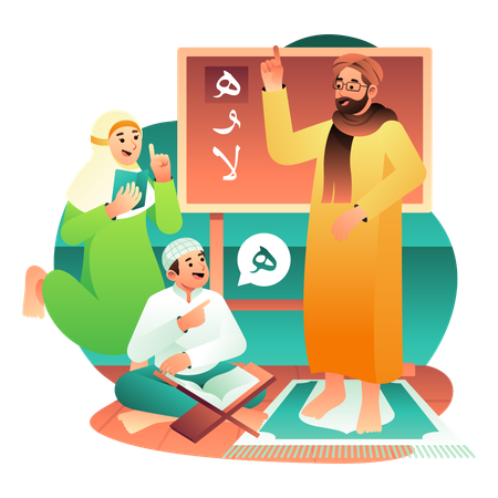 Crianças aprendendo o Alcorão Sagrado  Ilustração