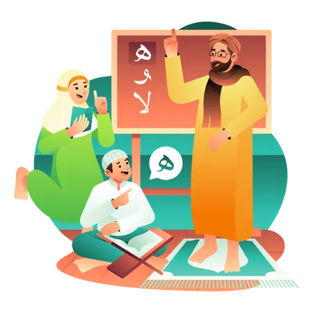 Crianças aprendendo o Alcorão Sagrado  Ilustração