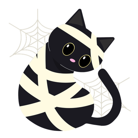 Cute Black Cat Wrapped in Mummy Bandages with Spider Webs  Illustration