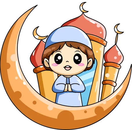 Cute Muslim boy with moon and mosque  イラスト