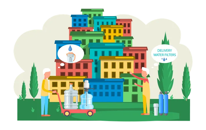 Deliveryman delivers bottles in big city  Illustration