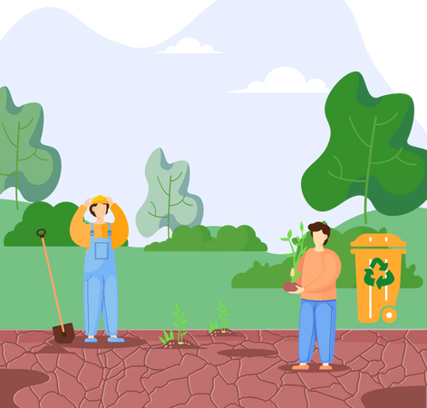 Des bénévoles plantent des arbres dans un sol sec  Illustration