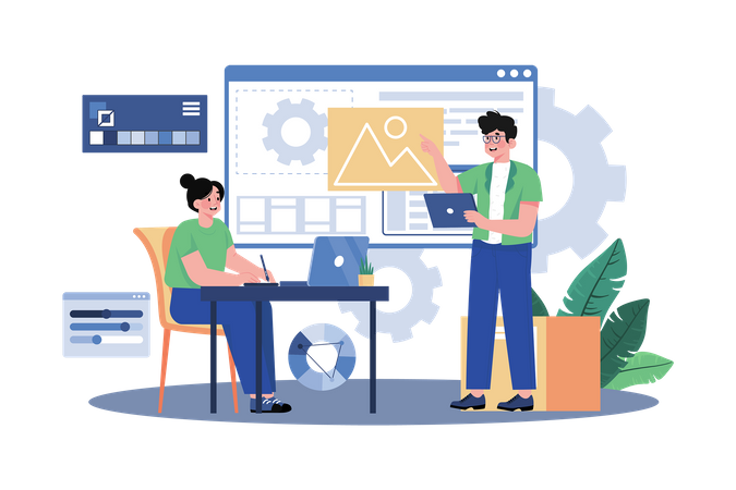 Designer collaborating with the team on product design  Illustration