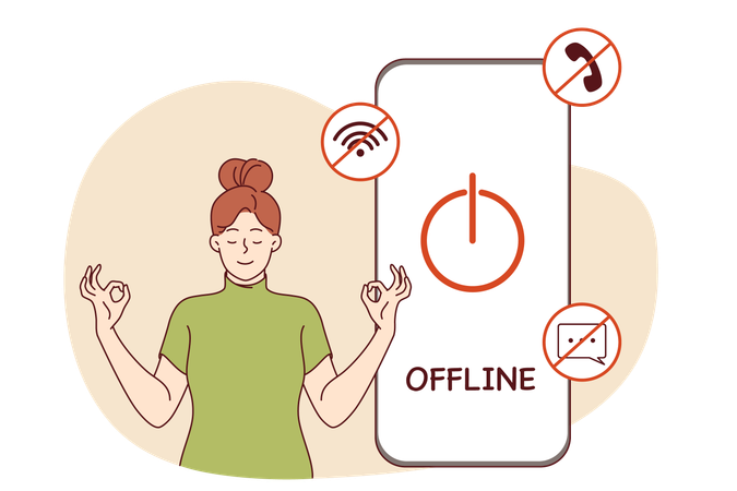 Digital detox for woman meditating near switched off mobile phone to restore psychological health  Illustration