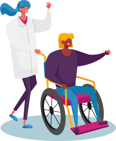 Disabled Female Riding Wheelchair with Nurse or Doctor Therapist Assistance  Illustration