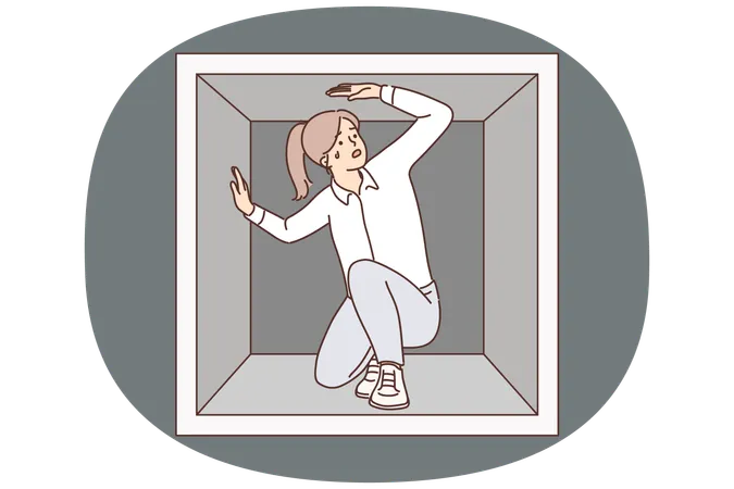 Discouraged woman is trapped sitting in small box experiencing claustrophobia and repressed emotions  Illustration