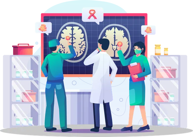 Doctors analyzing brain for tumors or problems in the laboratory  Illustration