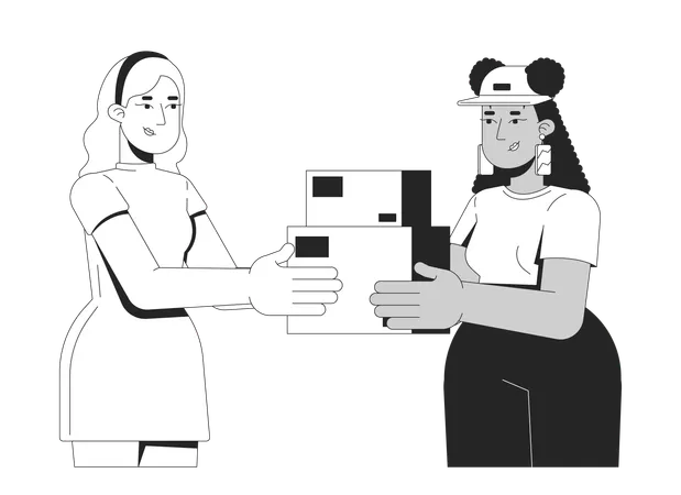 Dos mujeres diversas intercambiando paquetes  Ilustración