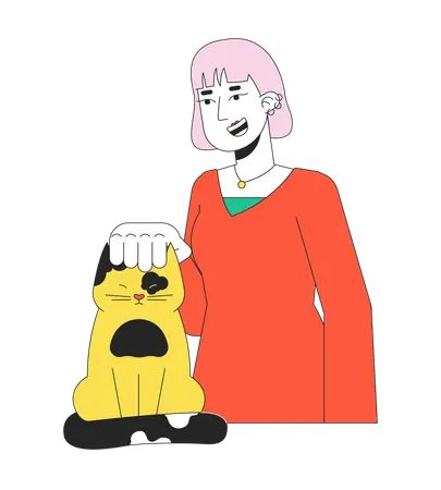 Ear piercings asian girl petting cat  イラスト