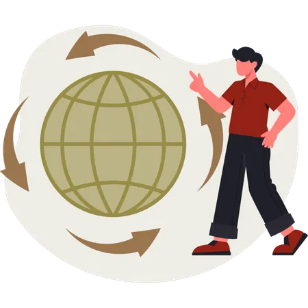 El hombre está apuntando hacia una red global  Ilustración