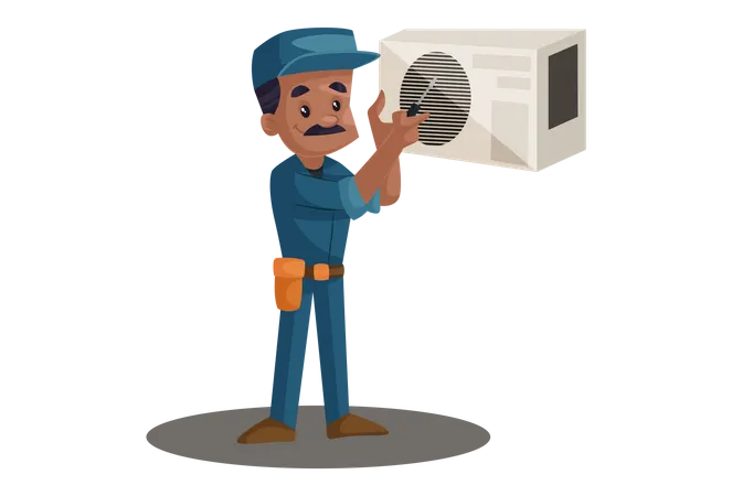 Eletricista consertando refrigerador com chave de fenda  Ilustração