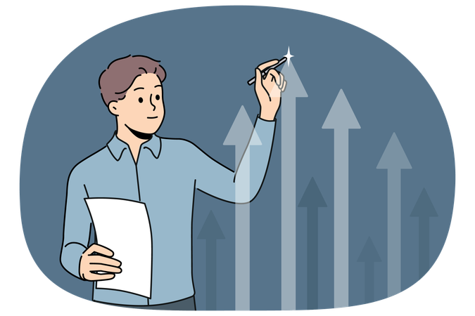 Un hombre de negocios dibuja una flecha hacia arriba en una pantalla virtual analizando el crecimiento de la inversión de la empresa.  Ilustración