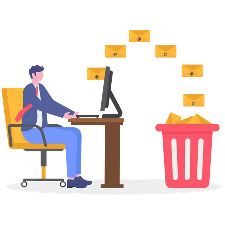 Empresário que leva e-mails de spam para a lixeira  Ilustração