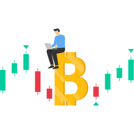 Empresário sentado em bitcoin e trabalhando no laptop  Ilustração