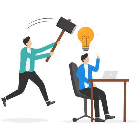 O empresário teve uma nova ideia de lâmpada, mas foi atingido e destruído pelo colega por trás.  Ilustração