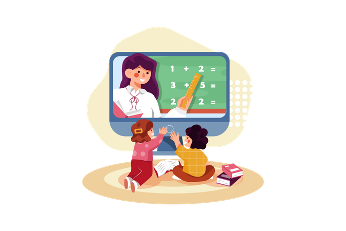 Enfants étudiant à la maison en ligne  Illustration