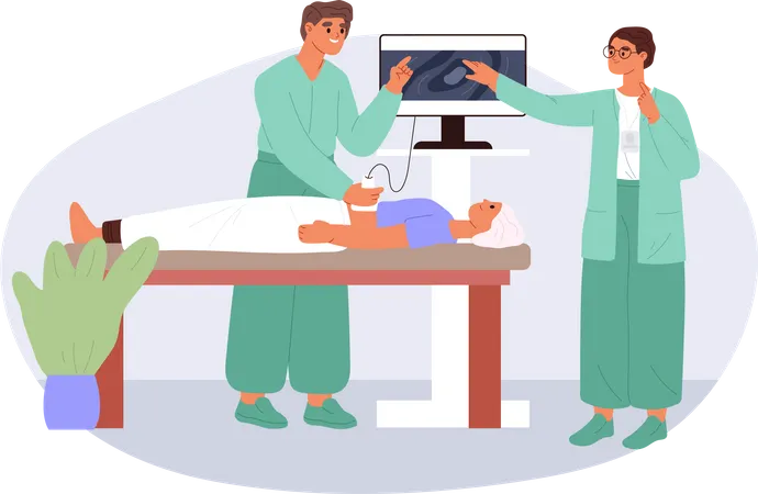 Enfermeira e médico fazem ultrassonografia para paciente mulher  Ilustração