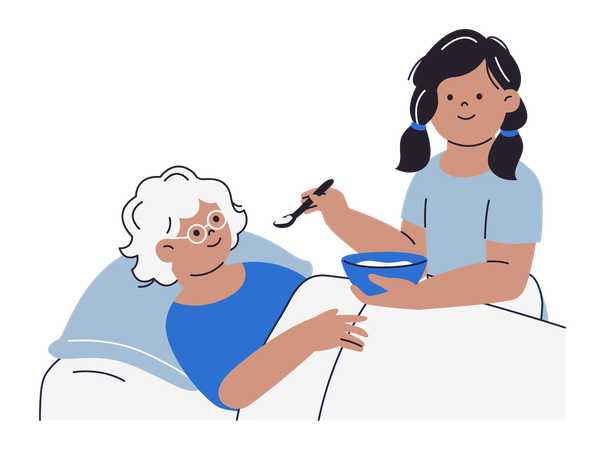 Enfermera alimenta a una anciana en un asilo de ancianos  Illustration